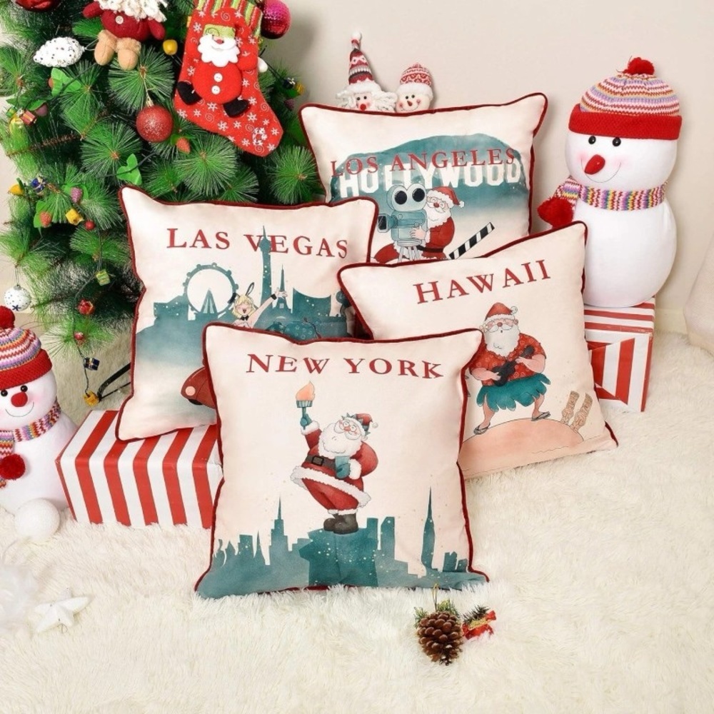 Set of 4 Festive Santa American City Pillow Covers